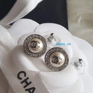 Chanel Small Pearl Crystal Stud Earrings, Silver.